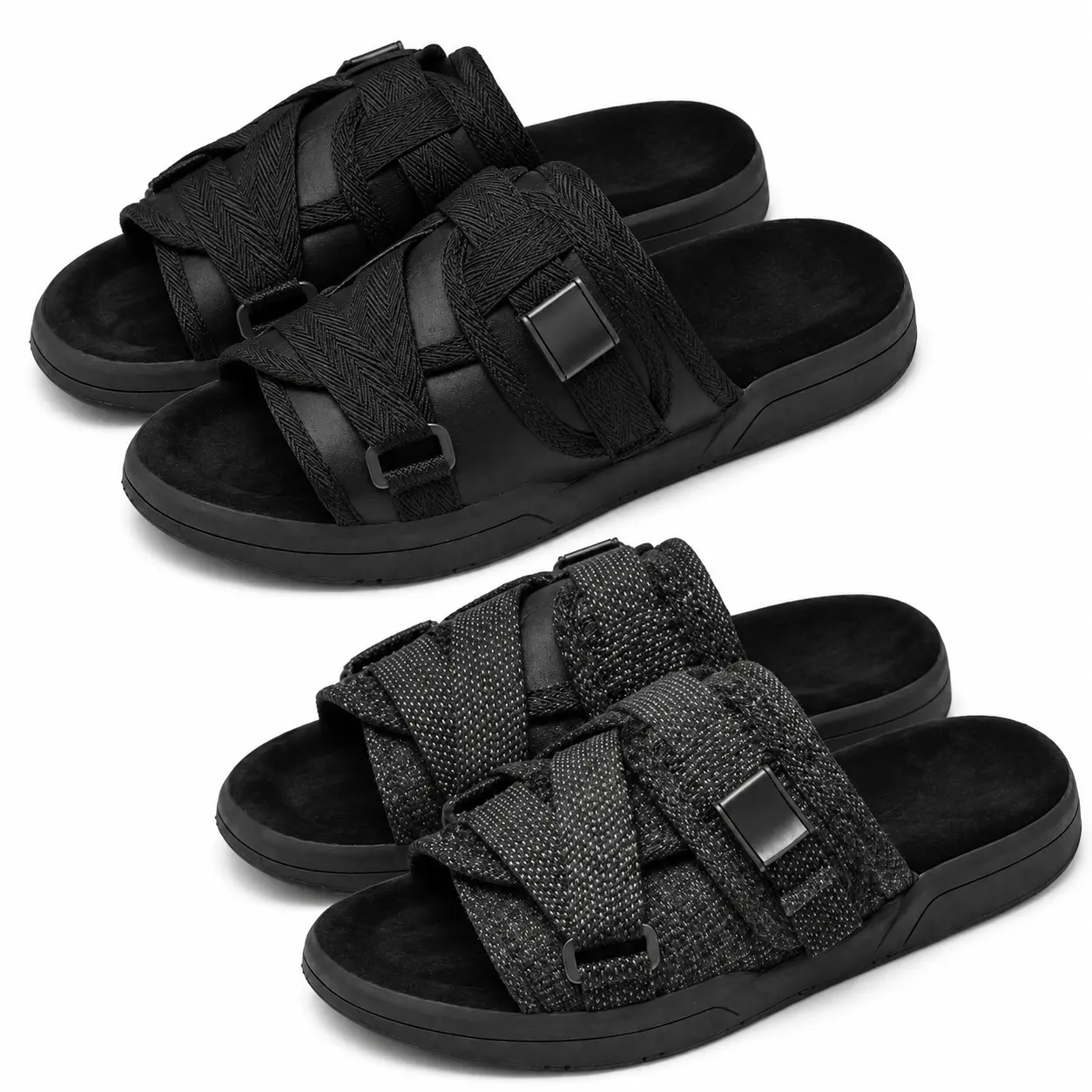 Woven Strap Slide Sandals for Men and Women, Open-Toe Slip-On Slides with Buckle Details for Everyday Wear