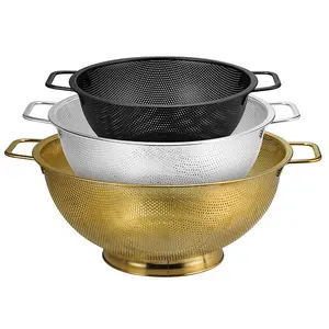 3PCS Three Colors Mix Colander Set, 3QT Black & 4QT Silver & 5QT Gold, Stainless Steel Pasta Strainer with Handle for Prepping Washing Draining Storing Food, Dishwasher Safe