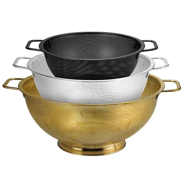 KLBWWA 3-Piece Mixed Color Sturdy Stainless Steel Vegetable Colander Set - Footed Base Perforated Mesh Strainers, 3QT Black, 4QT Silver, 5QT Gold, Dual Handles, Stainless Steel Drainer for Home Cooking, Dishwasher Safe