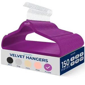 Velvet Hangers 150 Pack - Non-Slip, Space-Saving, 360° Swivel, Purple