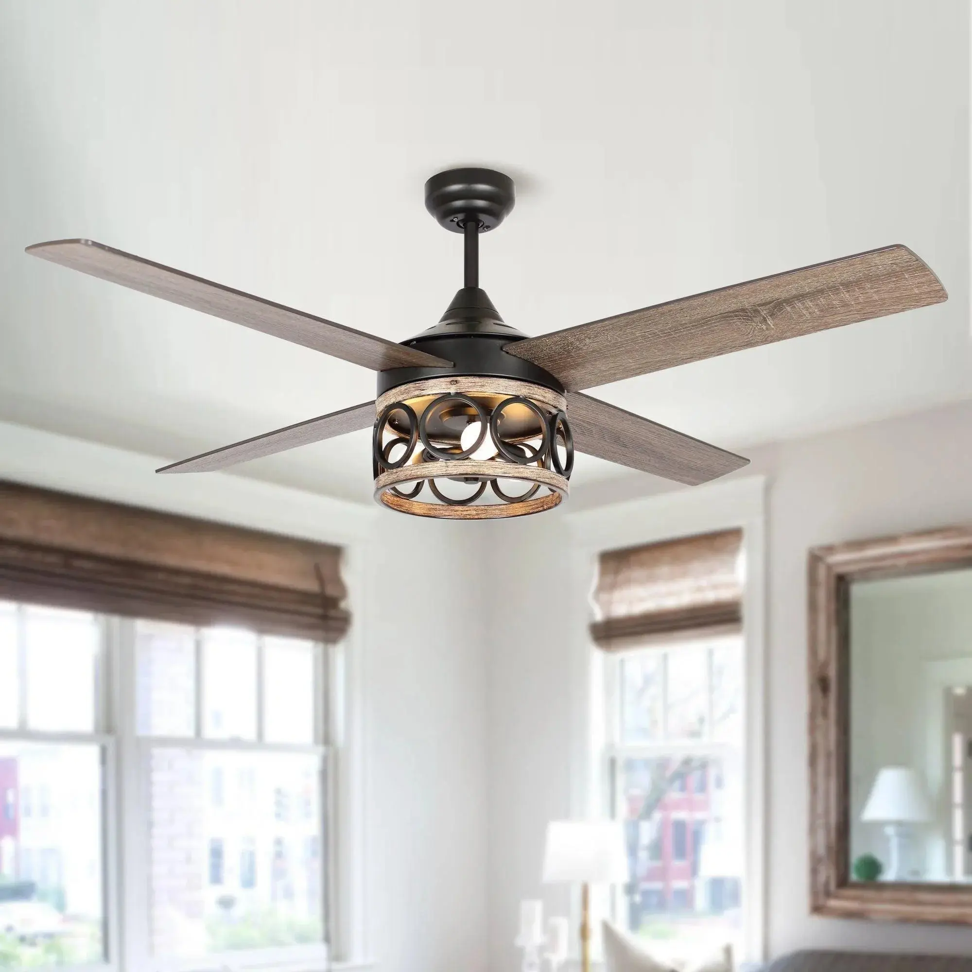52" Kashmir Farmhouse Ceiling Fan with Light & Remote, Downrod Mount Reversible AC Motor, Rustic Wood Blades, 3-Speed, ETL Listed for Living Room Bedroom