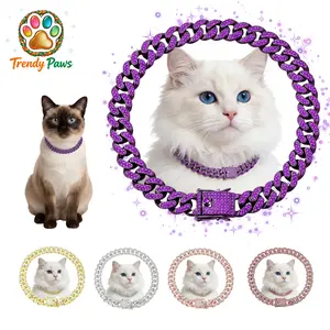 Trendy Paws Glittering Cuban Chain Cat Collar Shiny Full Rhinestone Pet Fashion Accessory for Kitty Cats & Puppy Dogs Party Daily Outfit Set Durable Metallic Leash Secure Buckle