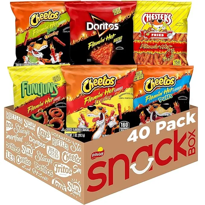 Frito Lay Flamin' Hot Mix Variety Pack 40 Count | 6 Flavors Cheetos Doritos Chester's & Funyuns | Single Serve Spicy Chips for Lunch, Travel, Parties & Office Snacks