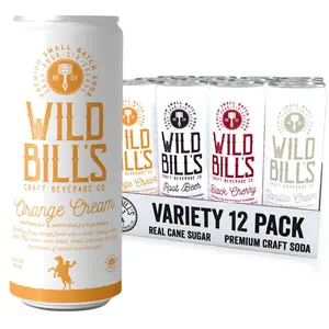 Wild Bill's Soda 12 Pack Premium Craft Soda Variety Sampler - 4 Flavors: Black Cherry, Orange Cream, Root Beer, Vanilla Cream - Pure Cane Sugar, Caffeine Free, Gluten Free, Vegan - 12 Oz Each - Beverage Corn
