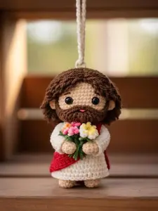 Handmade Crochet Jesus Car Hanging, Religious Rearview Mirror Charm
