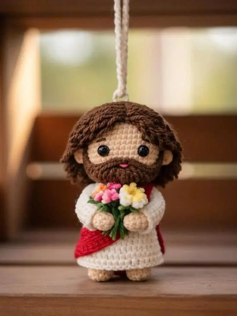 Handmade Crochet Jesus Car Hanging, Religious Rearview Mirror Charm