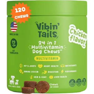 24-in-1 Dog Multivitamin Chews – Joint, Skin, Coat & Gut Support with Glucosamine, Omega-3 & Probiotics (120 Count, Chicken Flavor)