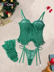 Sexy Chic Style Fitted Lace Lingerie Set with Ruffle Design, Polyester Blend, All-Season Wear