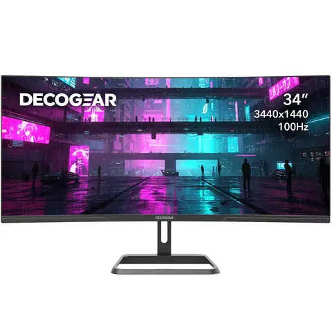 Deco Gear DGLUX340 Curved Ultra Wide Desktop Gaming Computer Monitor - 34-in QHD 3440x1440 VA Panel, 100Hz, 1ms, 99% sRGB, HDR, Low Blue Light Filter, 2x DP/2x HDMI Ports, Adjustable Stand, Manual Mount, Machine Black, for PC/Gaming/Video Editing, Monitor