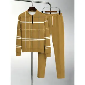 Men's 2-piece lightweight business casual sportswear |   Light blue checkered top with half zipper |   Contrasting white and yellow checkered patterns+matching pants |   Suitable for urban commuting, office leisure, and polished comfort Summer Tracksuits