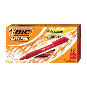 BIC Soft Feel Red Retractable Ballpoint Pens, Medium Point (1.0mm), 12-Count Pack, Black Pens With Soft-Touch Comfort Grip