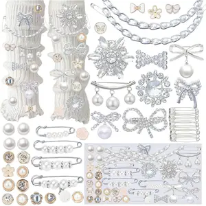 54PCS Junk Socks Charms Kit, Shoe Charms for Sneakers Girls,Silver Brooches and Pins for Women, Pearl and Rhinestone Sock Charm with Safety Pins, DIY Accessories for Decorating and Personalizing Socks