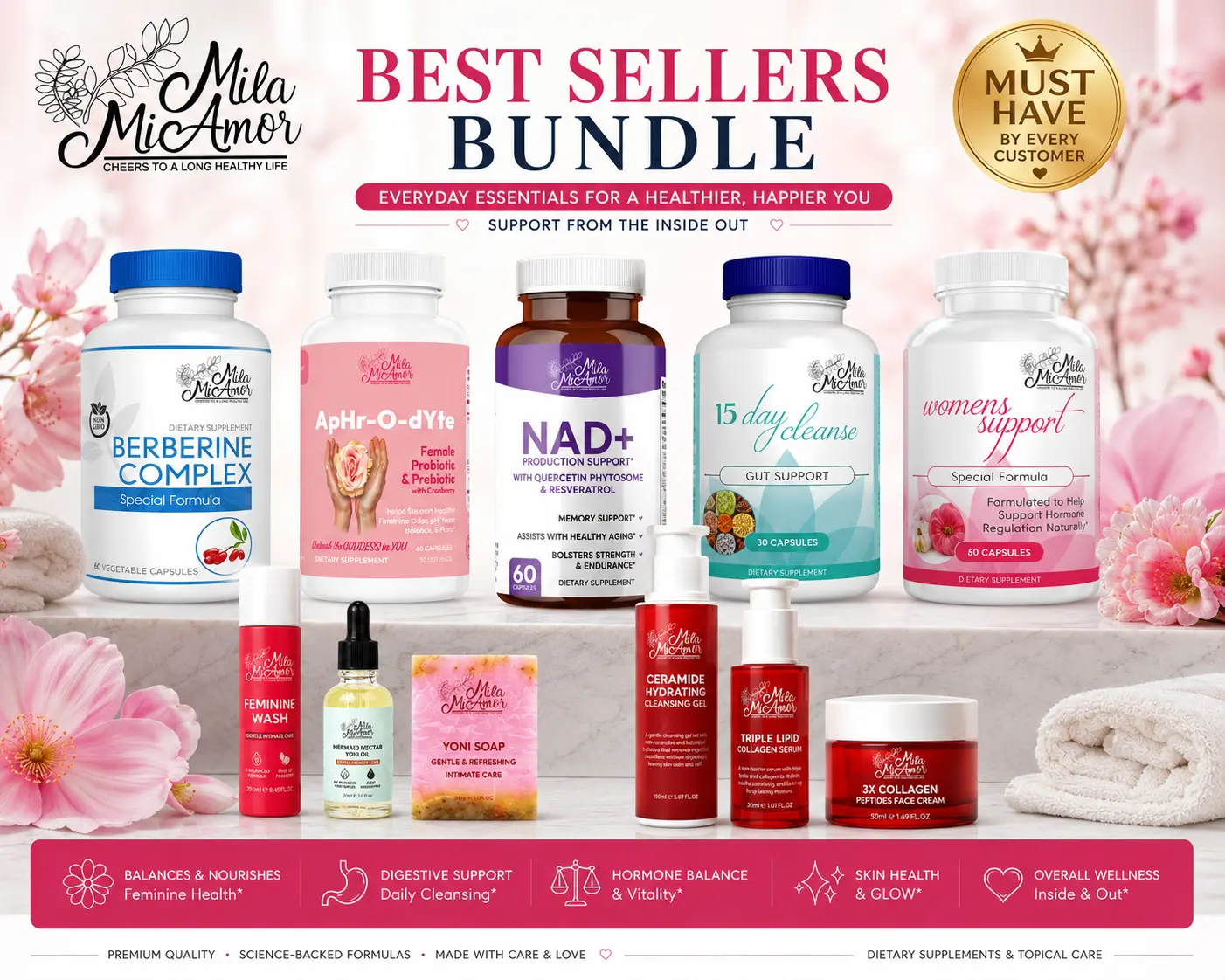 TT Exclusive Ultimate Best Sellers Bundle – Women's Wellness Collection with NAD+, Berberine, Women's Support, 15-Day Cleanse, Female Probiotic, Feminine Wash, Yoni Oil, Yoni Soap & Complete Collagen Skincare Set