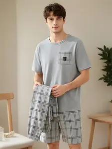 Men's Lightweight Classic Pajama Sleepwear Set, Round Neck Plaid Checked Print Short Sleeve Top and Shorts Pants, Summer Casual Comfy Pyjama Homewear Home Wear Loungewear Three-Piece Suit Pjs Menswear
