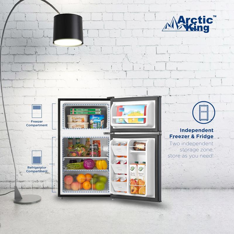 Arctic King 3.2 Cu ft Two Door Mini Fridge with Freezer Stainless Steel E-Star Compact Refrigerator for Dorms & Apartments
