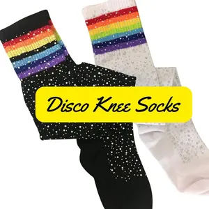Paper & Quartz Over the Knee Jeweled Rainbow Glam Disco Socks Black or White Microfiber One Size Fits All for Pride Events with Jewels and Rainbow Rings
