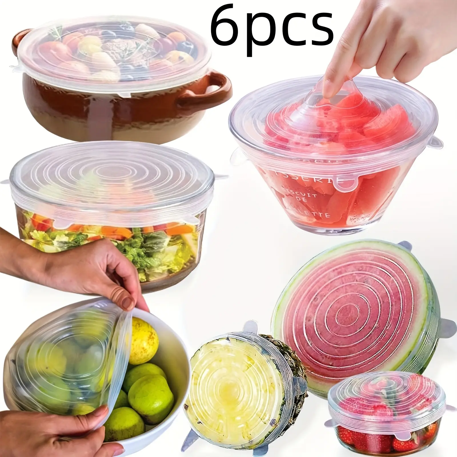 12/6PCS Reusable Silicone Stretchable Lids with Elastic Design - Food Storage Lids for Round/Rectangular Containers, Jars, Cups, Maintains Freshness, Heat-Resistant, Dishwasher-Safe High-End Kitchenware