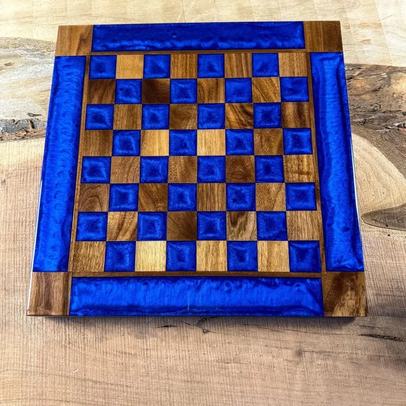 Black Walnut Deep Blue Chess Board Handmade with Pieces 16x16in Epoxy Resin Tabletop Game for Tournament Players