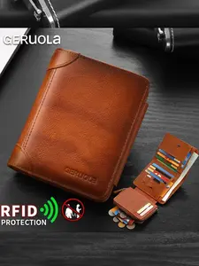 New Men's Short Leather Wallet, Large Capacity RFID Blocking, 13 Card Slots, 2 Bill Compartments, Coin Pouch, Perfect Gift, Zipper Leather Wallet