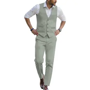 WOMS Mens Linen Suit 2 Piece Casual Summer Suits for Men Groomsmen Beach Wedding Party Vest Pants Suit
