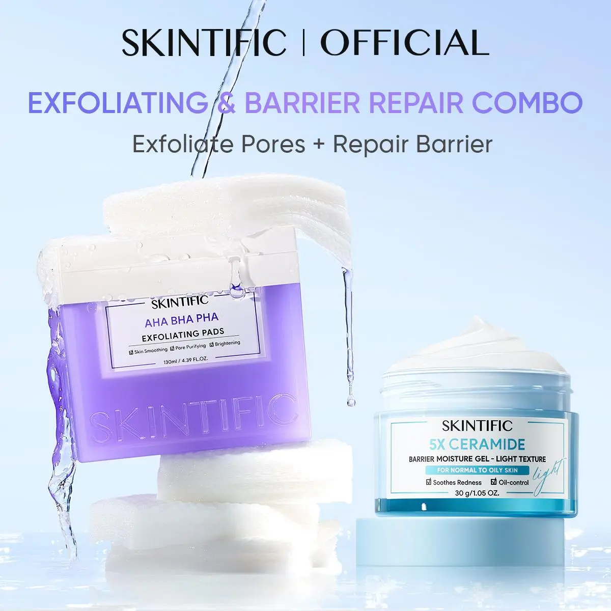 [New Launch]SKINTIFIC Repair & Exfoliate Combo - AHA BHA PHA Pads & 5X Ceramide Cream - Dual-Sided Pore Clearing, Soothing Gel Moisturizer for Acne & Sensitive Skin