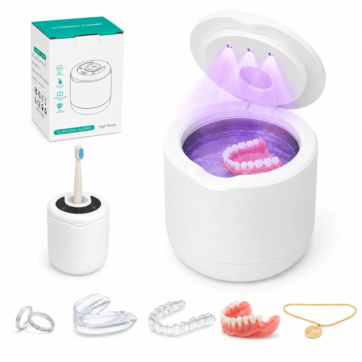 Portable Ultrasonic Denture Cleaner Machine, 200ML Compact Size, 5 Timer Modes , Insert-to-Clean Lid, for Dentures, Retainers, Aligners and Dental Appliances