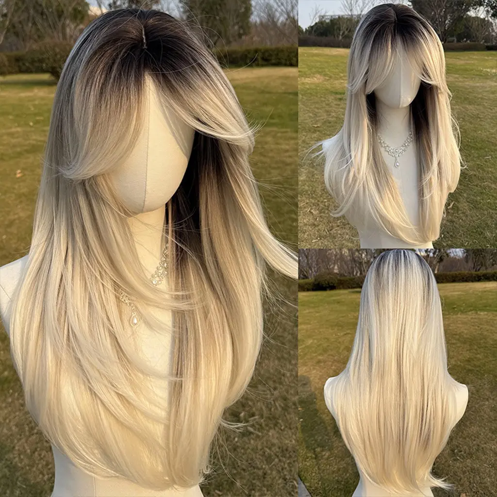 SMILCO SM411 26-In Synthetic Fiber Ombre Wigs - Gradient Curly Full Machine Wig with Bangs, Ombre Brown Ash Platinum, Stylish Comfort for Christmas, Gradient Curly Wig