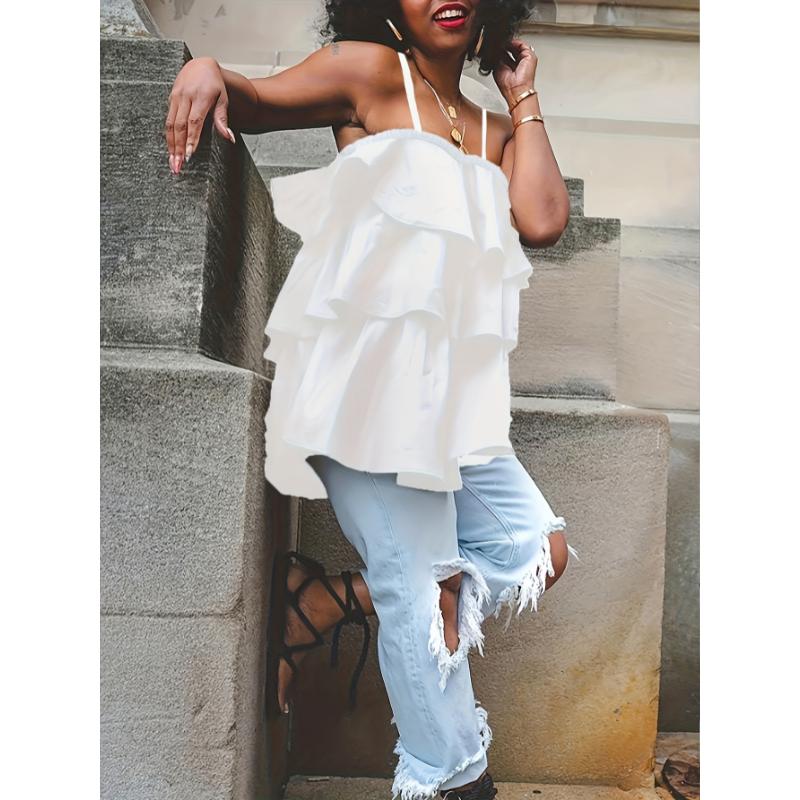 Elegant Plus Size Womens Sleeveless Tiered Ruffle Cami Top - White Layered Peplum Design, Non-Sheer Fabric, Hand Washable, Perfect for Casual or Chic Outfits, Versatile Layering Piece | Voluminous Blouse | Nonstretch Fabric