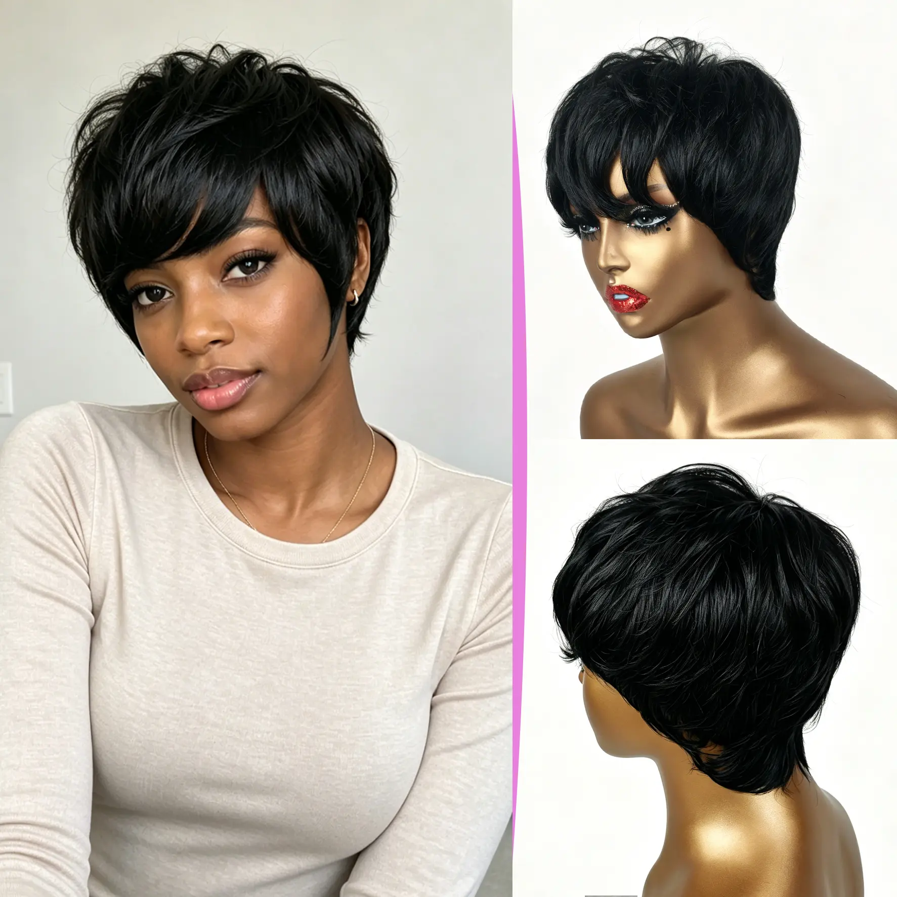Short Black Pixie Cut Wig with Bangs, 100% Human Hair for Black Women, Heat Resistant, Ready-to-Wear with a Medium Cap and Adjustable Strap, Pre Styled Wig, Wigs