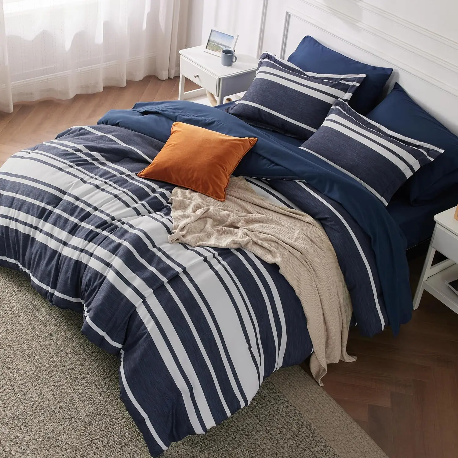 Soft Bedding Sets - Blue Striped 7-Piece Cationic Dyeing All-Season Comforter Set with Pillow Shams, Striped Bedding Set