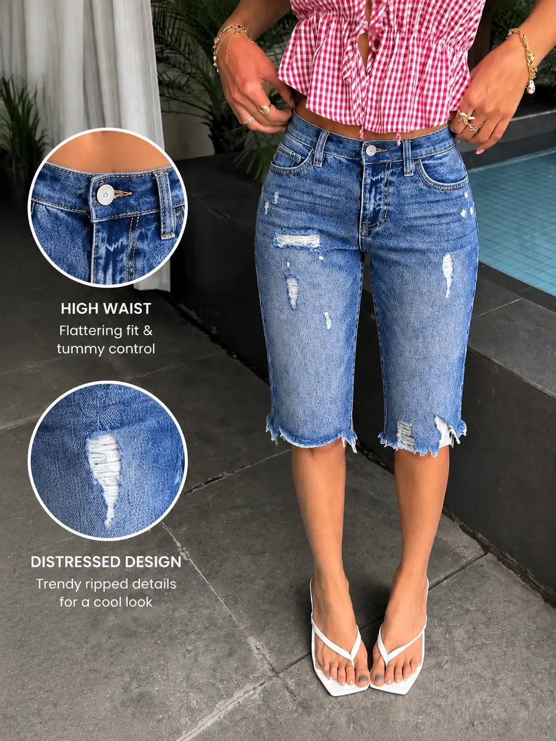 Women's High-Waist Slim Stretchy Ripped Denim Bermuda Shorts - Distressed Holes, Raw Frayed Hem, Knee-Length Jean Bottom
