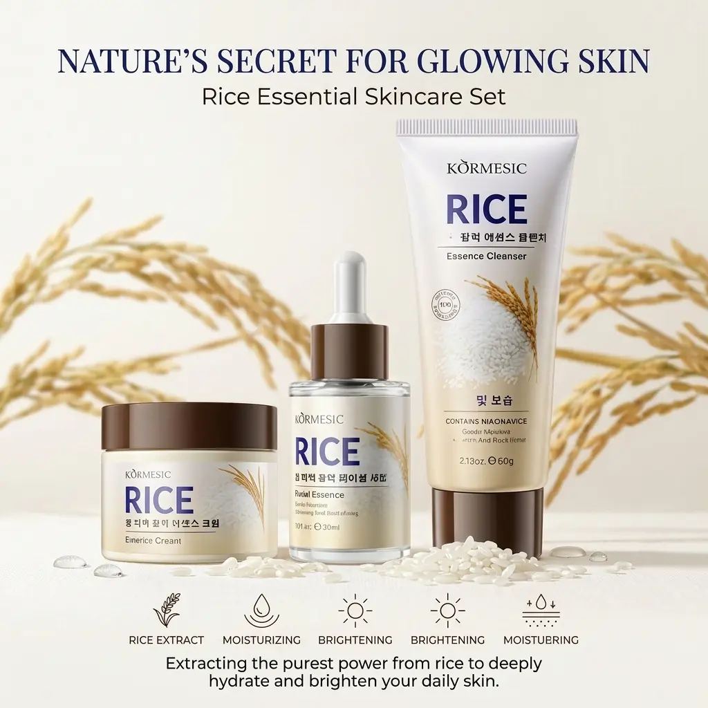 The 3-in-1 Korean rice skin care set includes 3 products: cleanser, essence, and face cream. Pore care - hydration and nourishment facial essence Niacinamide brightening essence suitable for all skin types Women's gift