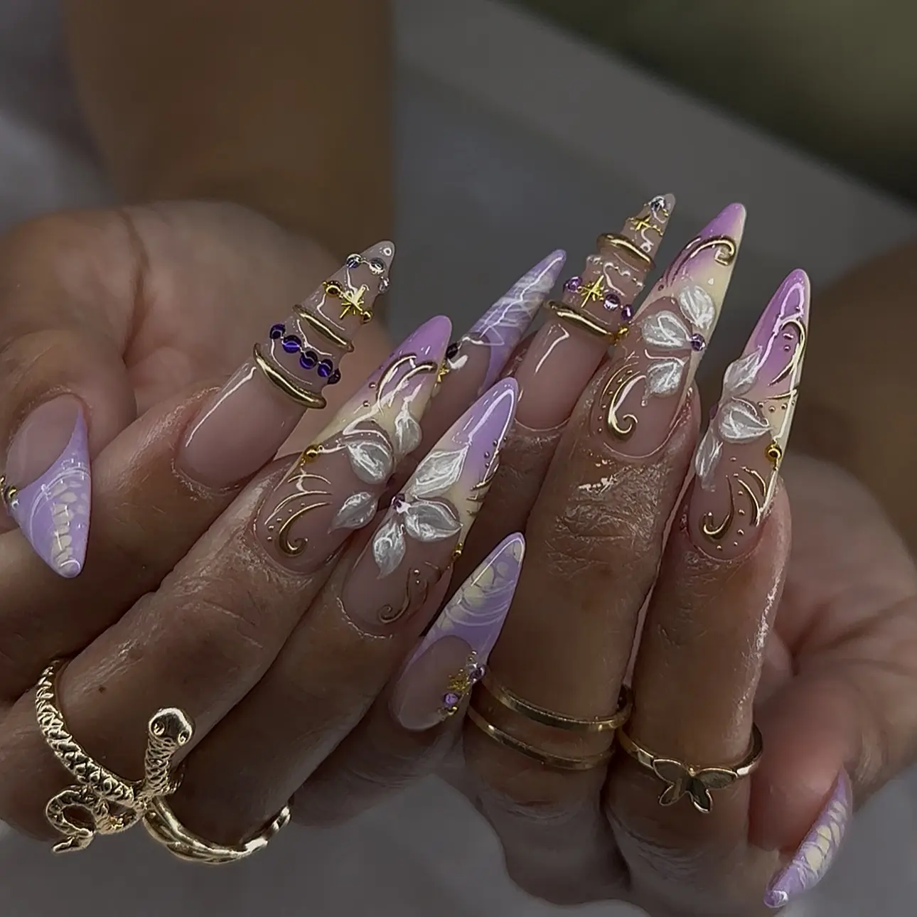 Doraly Nails | Luxury Lavender Press On Nails Long Stiletto  Handmade 3D White Flower Gold Chrome Swirl Nail Art  Reusable Glossy Glue On Acrylic False Nails for Wedding, Prom & Fairy Princess Look