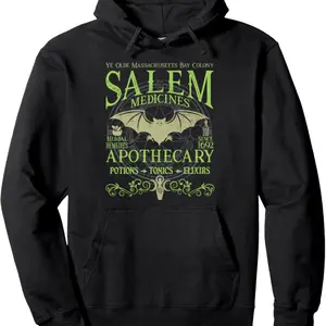 Salem Apothecary Herbalist Witch Wiccan Green Bat Funny Printed Hoodie Men's Fall Winter Fleece Hoodie Comfortable Soft with Drawstring with Pockets
