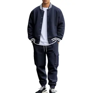 Varsity Jacket Cargo Sweatpants Set for Men Classic Striped Collar Cuffs Button Up Jacket with Multi Pocket Joggers Trendy Streetwear for Daily Gym Hip Hop Style Men Casual Activewear Set