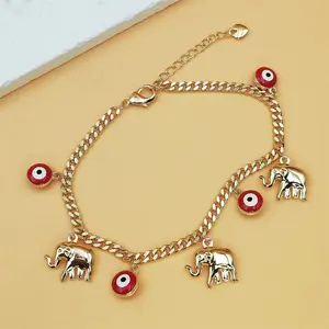 Gold Devil's Eye Bracelet with Baby Elephant Pendant Adjustable Boho Jewelry for Women Stylish Gold Finish Accessory