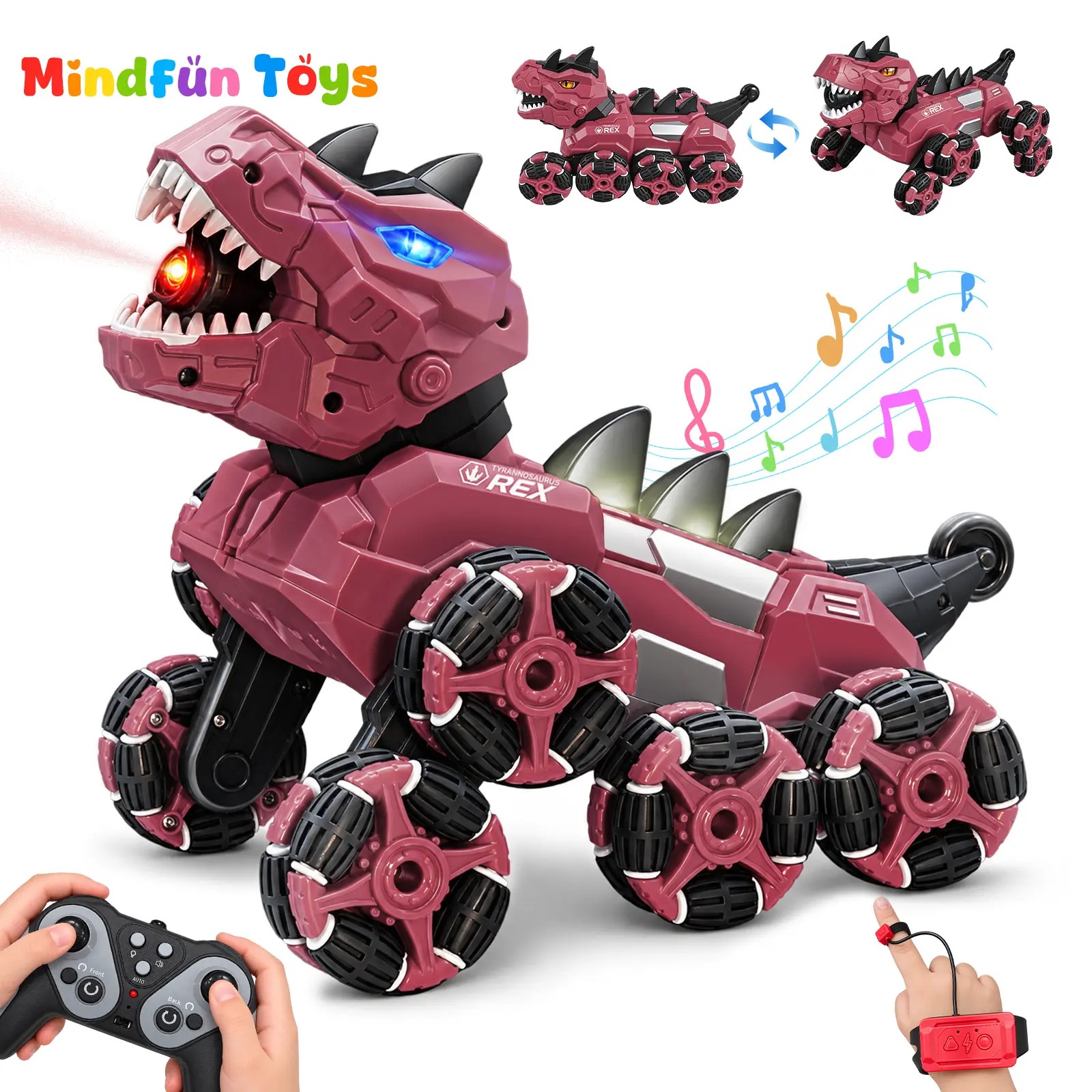 8 Wheels Dinosaur Transform RC Stunt Car , 2.4Ghz Remote Control Monster Truck with Spray 360° Rotation Lights , Birthday Christmas Gift for Kids Boys Ages 6-12