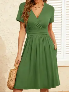 WEACZZY Womens Floral V Neck Short Sleeve A Line Dress with Pockets, Ruffled Waist Casual Summer Dress 2026