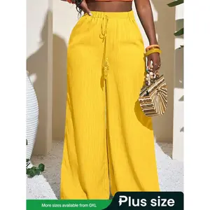 Plus size women's solid color wide leg pants, casual high waisted loose pants, comfortable to wear all year roundRAIMENTRY