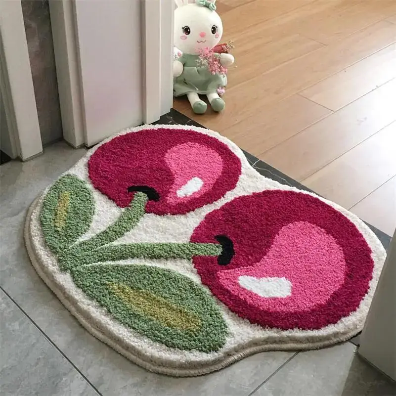 Home Decor Non-slip Cherry Shaped Decorative Mat, Cozy Water Absorbent Fluffy Bathroom Rug, Cool Room Decor Rugs, Bath Mats, Entrance Carpet for Home