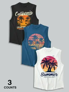 Summer Men's Casual Sleeveless Vest, Tropical Coconut Tree Pattern Print, Outdoor Sports Wear, Daily Versatile, 3 Pack Set