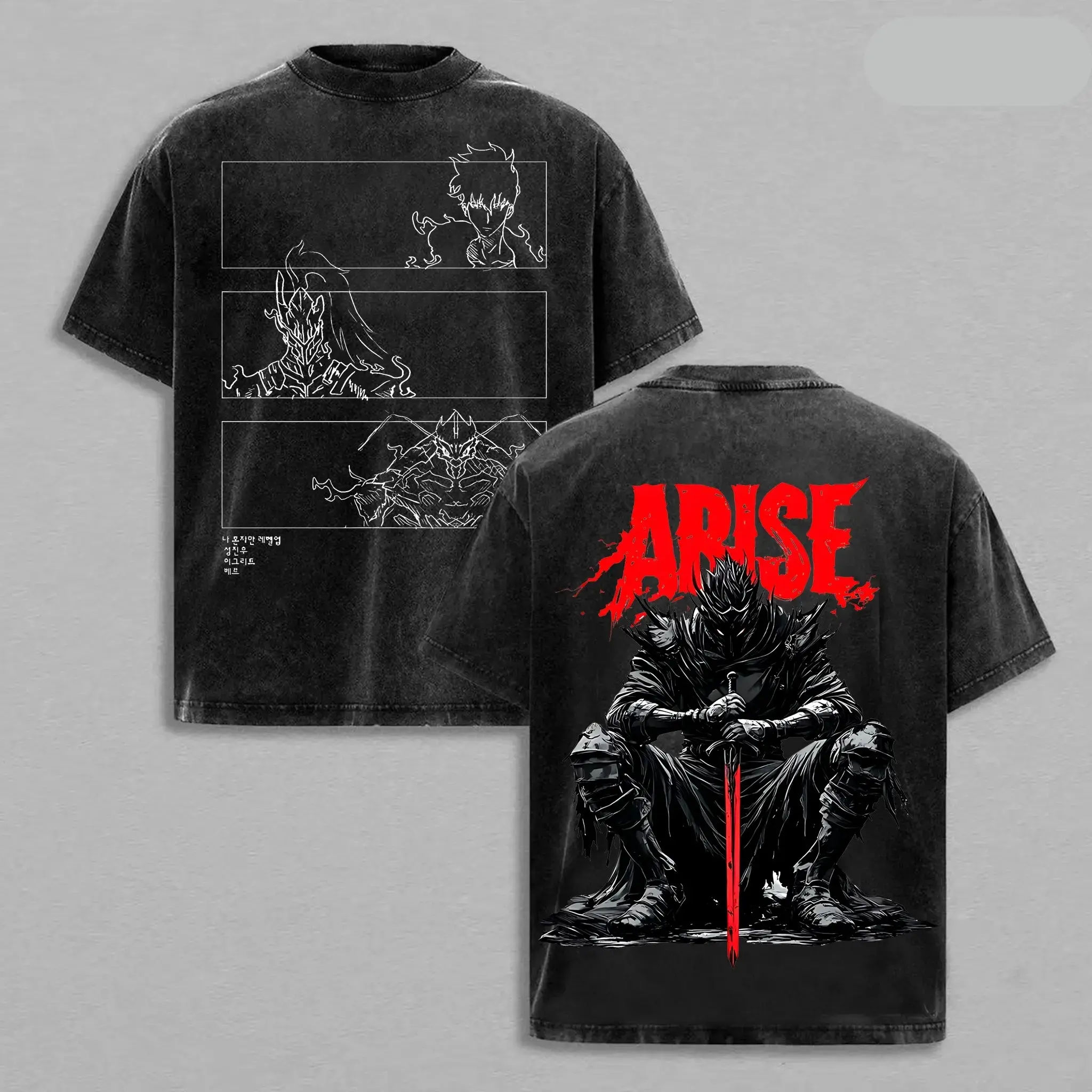 Solo Leveling Sung Jinwoo Arise Oversized Graphic Tee Vintage Acid Wash Unisex Anime Shirt Igris Beru Y2K Streetwear Gym Pump Cover Front And Back Print Tiktok Finds Trendy Dark Aesthetic Workout Casual Retro Manga Heavy Cotton