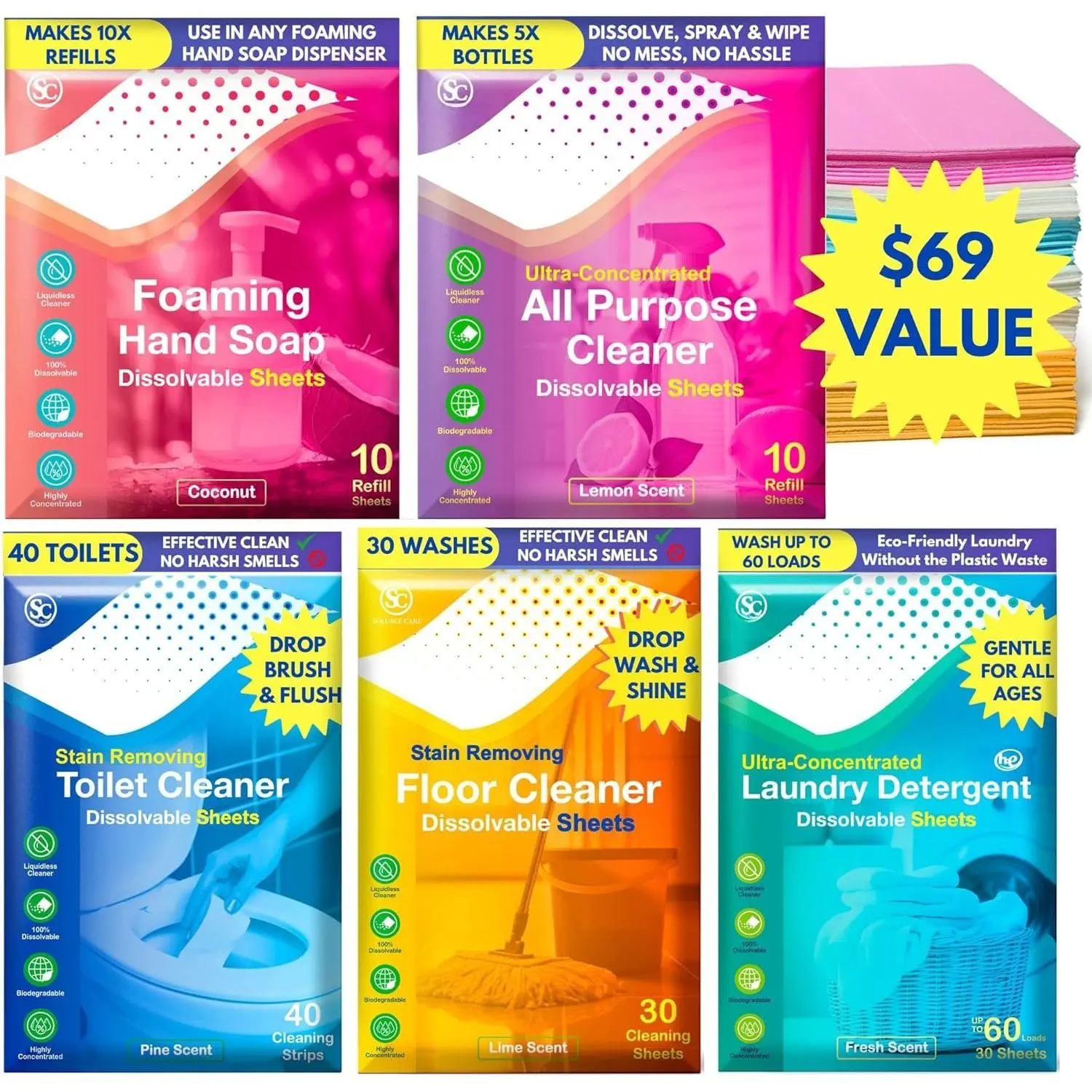 Whole House Cleaning Sheet 5-Pack Bundle | Toilet Cleaner, Laundry Sheets, Floor Cleaner, -Purpose  & Foaming Hand Soap - 120 Sheets