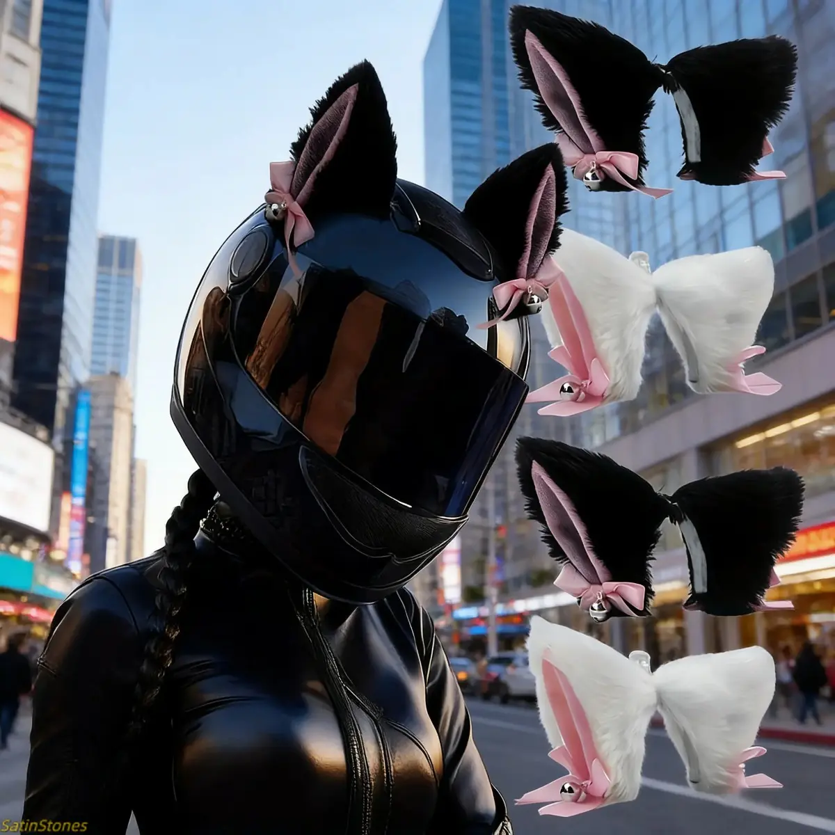 Cute Plush Cat Ear Helmet Accessories with Bows - Playful and Detachable Unisex Attachments for Motorcycle Personalization