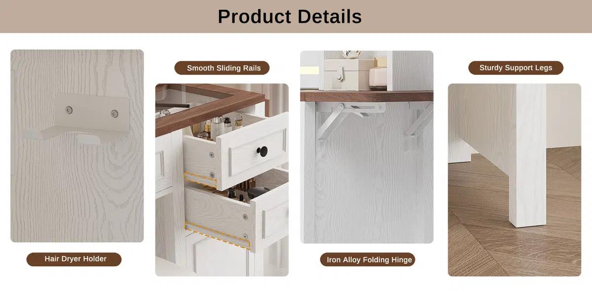 IRONCK Modern Farmhouse Style Makeup Vanity Set With Mirror And Lights, Adjustable Brightness, Vanity Desk With Built-in Tempered Glass, Folding Panel, Power Outlet And Vanity Stool IRONCK Modern Farmhouse Style Makeup Vanity Set With Mirror And Lights, Adjustable Brightness, Vanity Desk With Built-in Tempered Glass, Folding Panel, Power Outlet And Vanity Stool