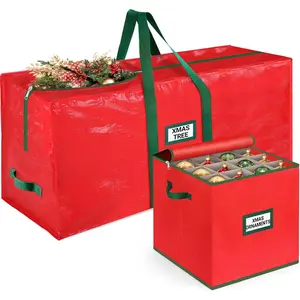 Christmas Tree Bag & Ornament Storage Box Set, Water-Resistant 7.5 Ft Tree Storage & 64-Compartment Organizer with Dividers, Tag Pockets & Handles, Heavy-Duty Xmas Decor Containers, Red