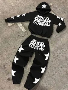 Men's Street Style Hooded Long Sleeve Sweatshirt and Pants Set, Warm Fleece Lined, Comfortable for Daily Wear or Sports Leisure