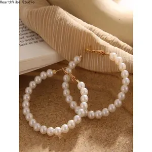 Elegant Faux Pearl Hoop Earrings for Women, Minimalist Alloy Round Circle Huggie, Fashion Dainty Wedding Party Pearl Jewelry Accessories Gift