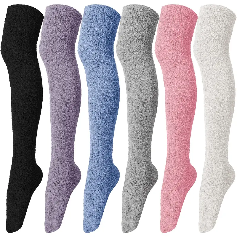 6 Pairs Women's Knee High Fuzzy Socks Soft Long Thigh High Warm Cozy Slipper Plush Socks for Cold Weather US Size 5-10