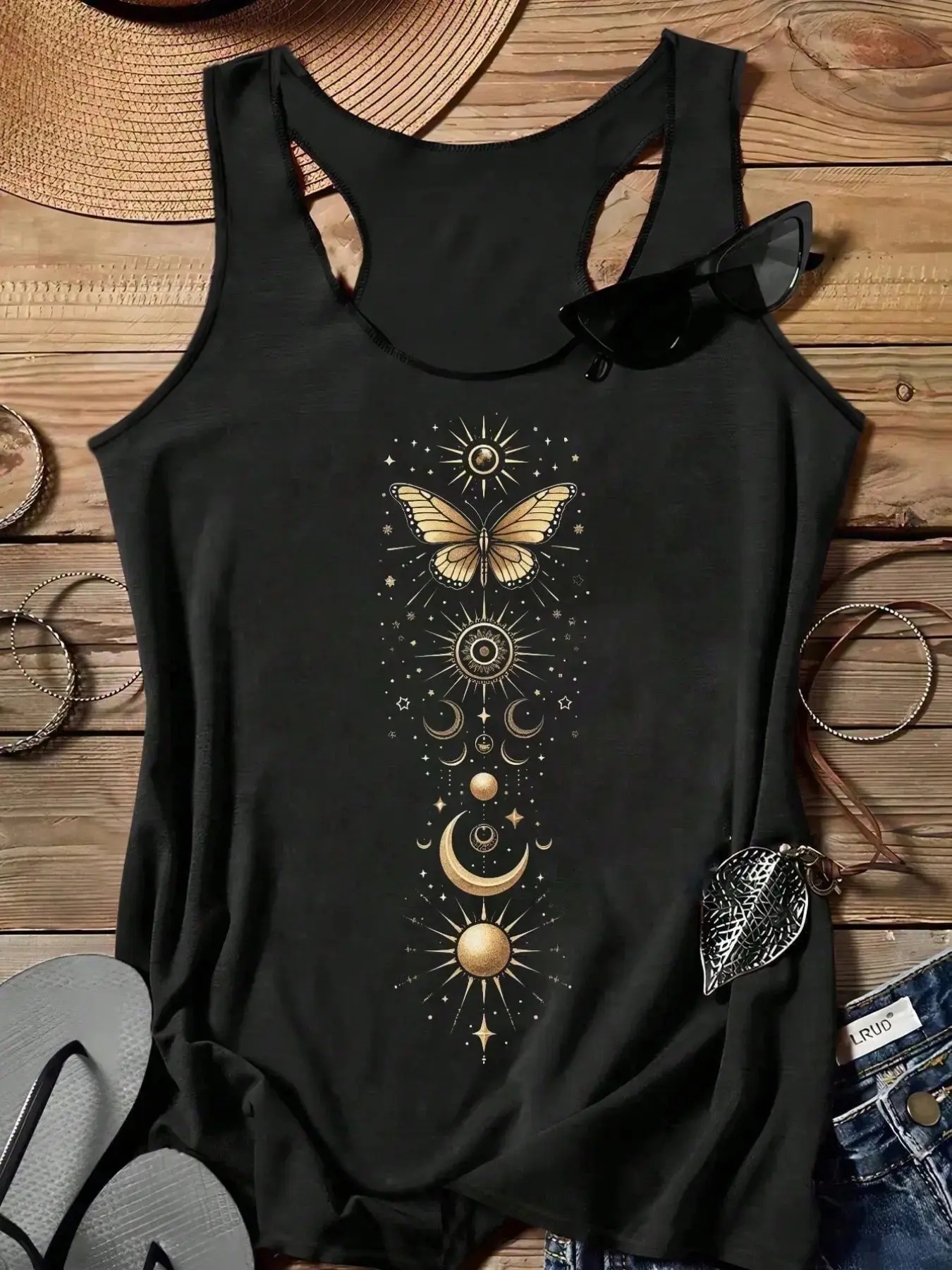 Camisole Tank Top, Plain Vintage Design Sleeveless Plus Size Casual Butterfly Print Tops, Soft Stretchy Fabric, Y2K Clothes Summer Outfits, Trendy Vacation Wear, Comfortable Relaxed Fit Beach Blouses